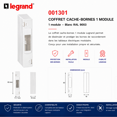 Coffret cache bornes 1 module blanc ral 9003 poids 0 70 gramme legrand reference 001301