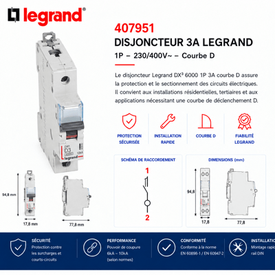 Legrand 407951 disjoncteur dx 6000 arrivee haute et depart bas a vis 1 pole 230v a 400v 3a courbe d 1 module