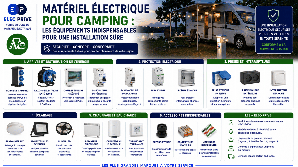 matériel électrique camping, équipement électrique camping, installation électrique camping, électricité camping, matériel électrique pour camping, équipements électriques indispen