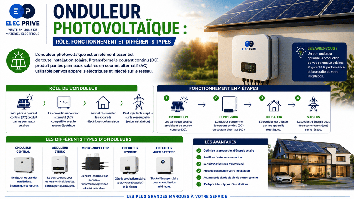onduleur photovoltaïque, onduleur solaire, onduleur panneau solaire, onduleur photovoltaïque rôle, fonctionnement onduleur photovoltaïque, différents types d’onduleurs photovoltaïq