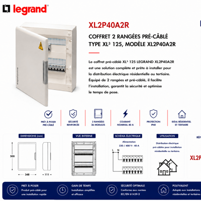 LEGRAND Coffret 2 Rangées Pré-câblé Type XL³ 125, Modèle XL2P40A2R