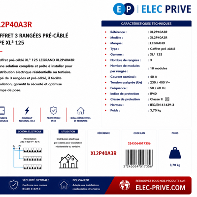matériel électrique, électricité bâtiment, coffret électrique, armoire électrique, basse tension, équipement électrique, distribution électrique, 3P, tripolaire, 40A, rail DIN, ins